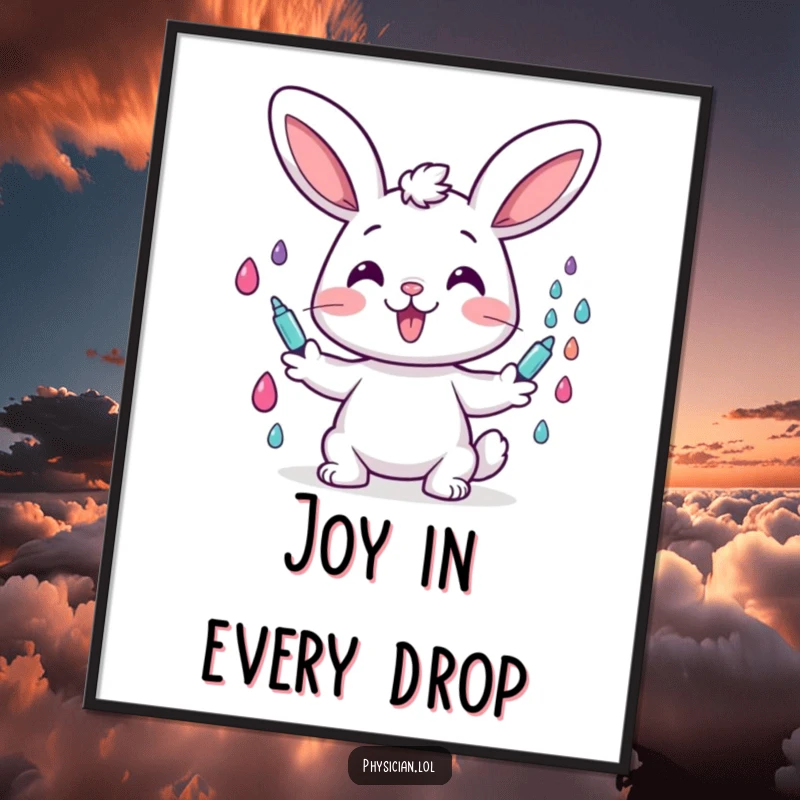 Funny poster art of a cheerful bunny character happily giving colorful drops, ideal wall decor for a humorous and uplifting atmosphere.