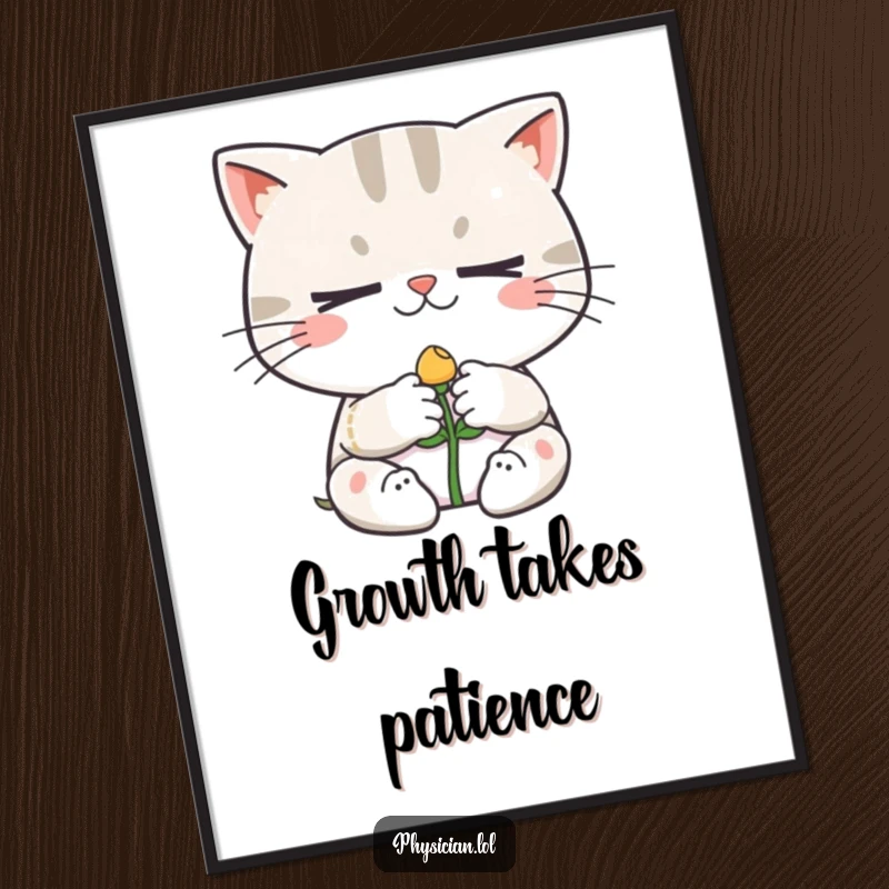 Funny poster art of a determined cat character bandaging a small smiling sprout, bringing charming and humorous garden vibes to any room.