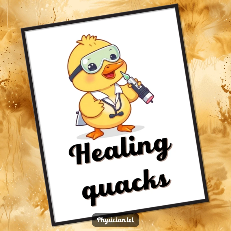 Funny duck doctor poster art showing a duck with a dropper, administering a playful shot, perfect for humorous wall decor.