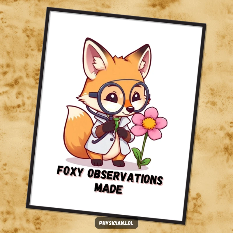 Funny poster of a fox doctor intently examining a flower with a magnifying glass, bringing humorous and insightful wall decor.