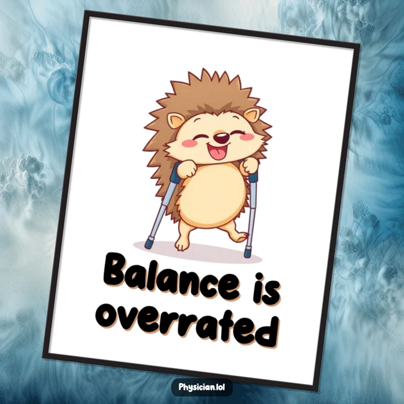 Funny hedgehog poster illustrating a giggling creature performing a cartwheel on crutches, capturing a moment of brave and humorous determination.