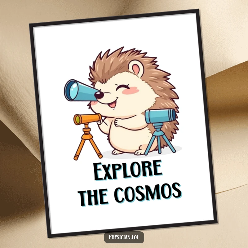 Funny poster featuring a giggling hedgehog intently looking through a miniature telescope, a humorous piece of art for space lovers.
