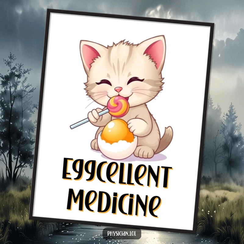 Funny happy kitten prescribing a colorful lollipop to an egg, printed as wall art, sweet and whimsical.