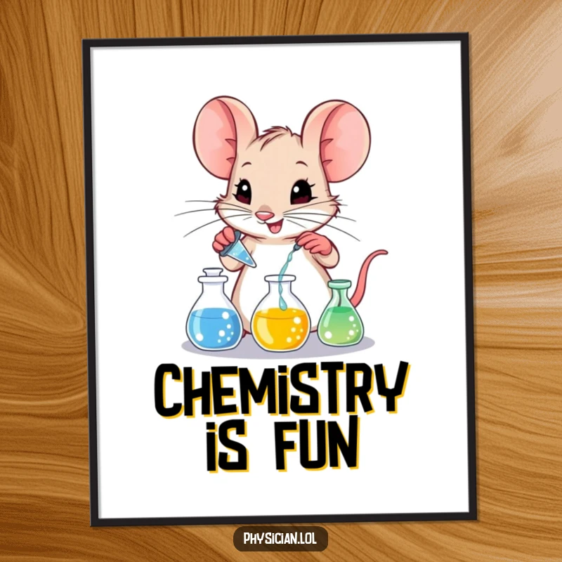 Funny mischievous mouse meticulously mixing glowing liquids in miniature beakers, presented as humorous wall art.