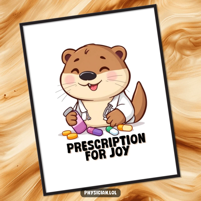 Funny otter doctor poster, offering colorful pills, a cheerful piece of art that adds humor to any space.