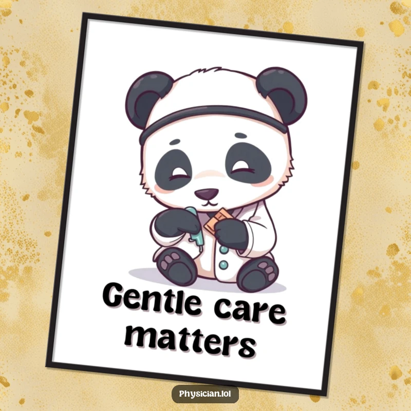Funny poster illustrating a panda doctor carefully applying a small bandage, conveying gentle care and humorous medical artistry.