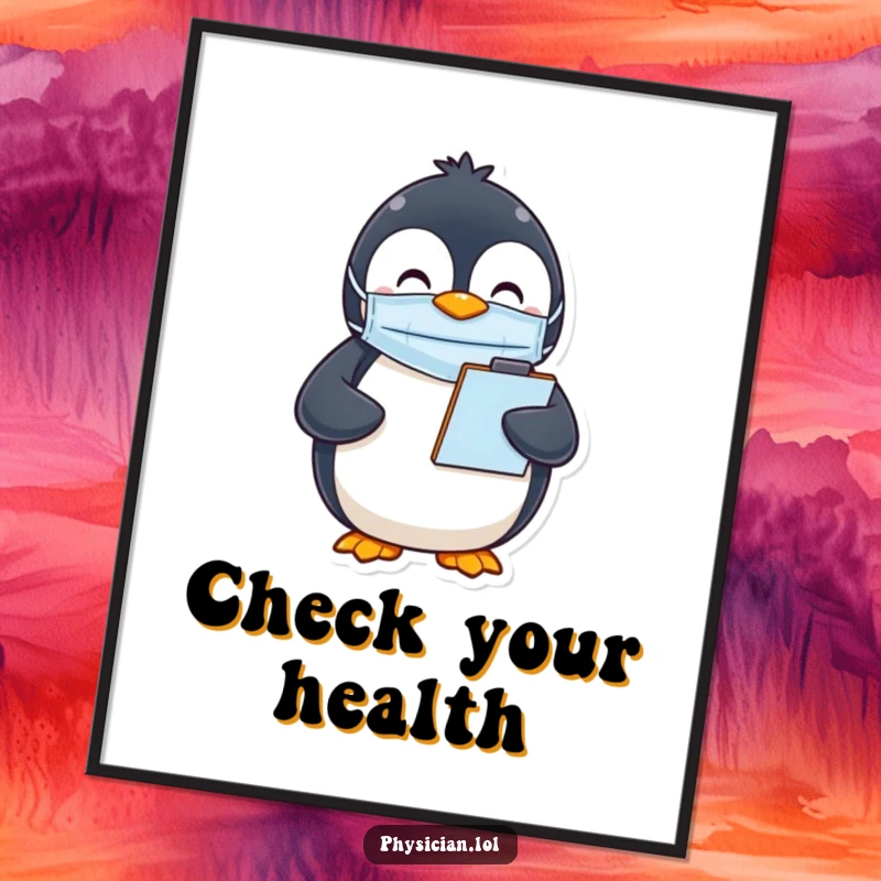 Funny Penguin Mask Poster featuring a happy penguin wearing a mask and holding a clipboard, promoting safety with a cheerful touch.