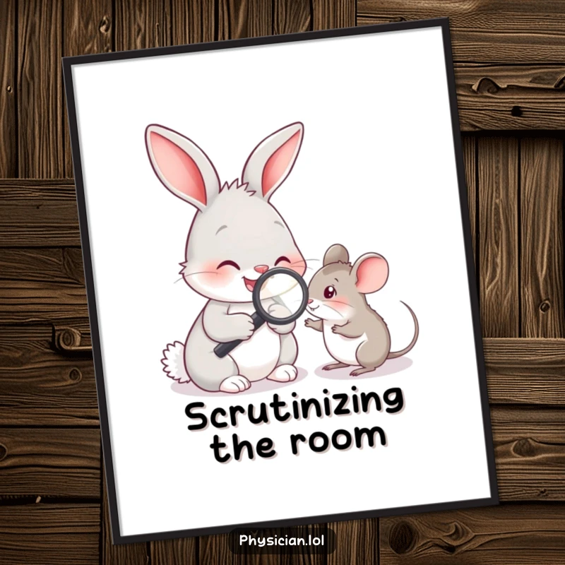 Funny rabbit in a doctor's coat using a magnifying glass to inspect a tiny mouse, a humorous and cute poster.
