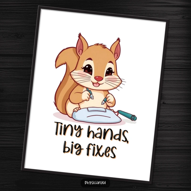 Funny squirrel surgeon poster, intently performing surgery, a humorous piece of art for medical professionals or detail-oriented minds.