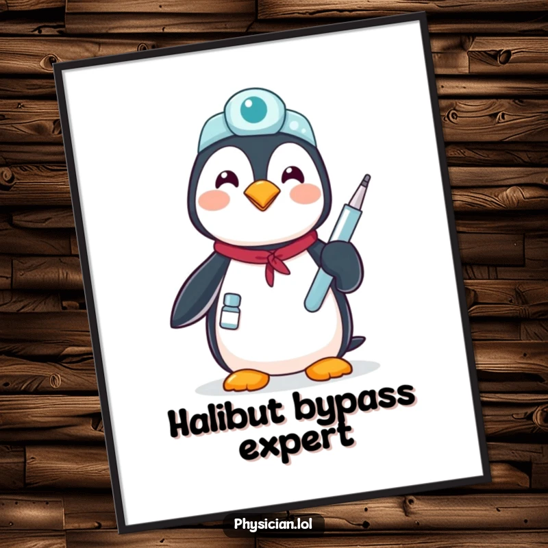 Funny proud penguin poster: a penguin dressed as a doctor holding a medical instrument, symbolizing healing and compassion.