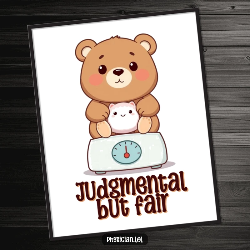 Funny bear vet poster, depicting a proud bear weighing a patient on a scale, bringing animal care humor to walls.
