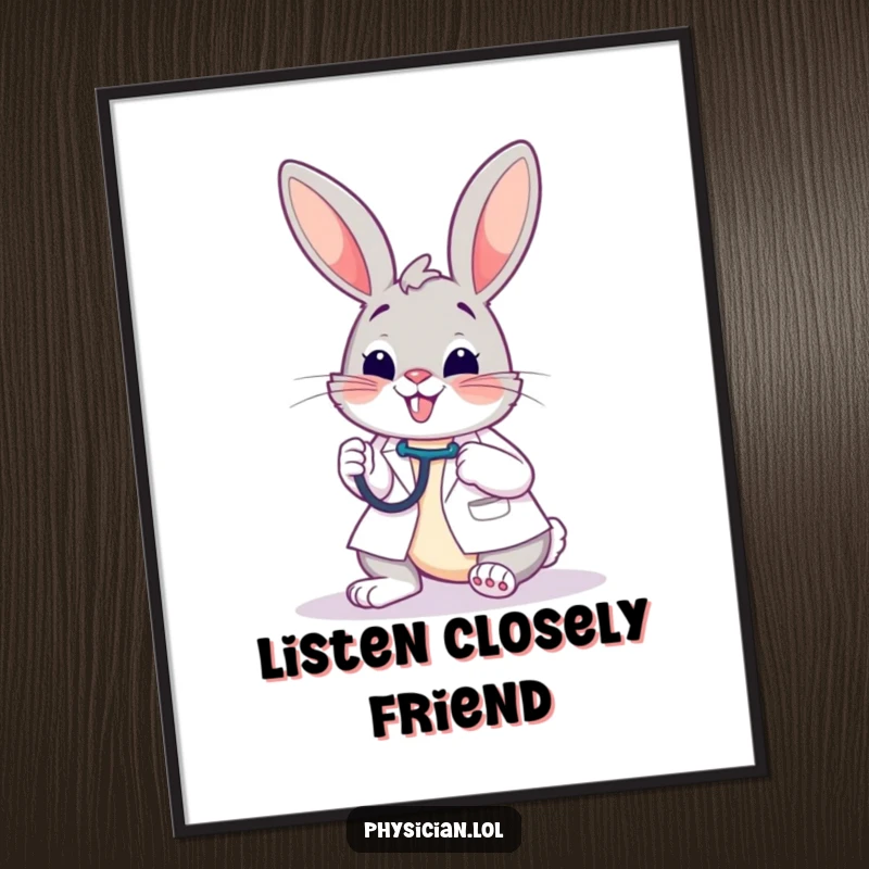Funny poster illustrating a cheerful bunny doctor using a stethoscope on a patient, bringing a humorous and heartwarming vibe.