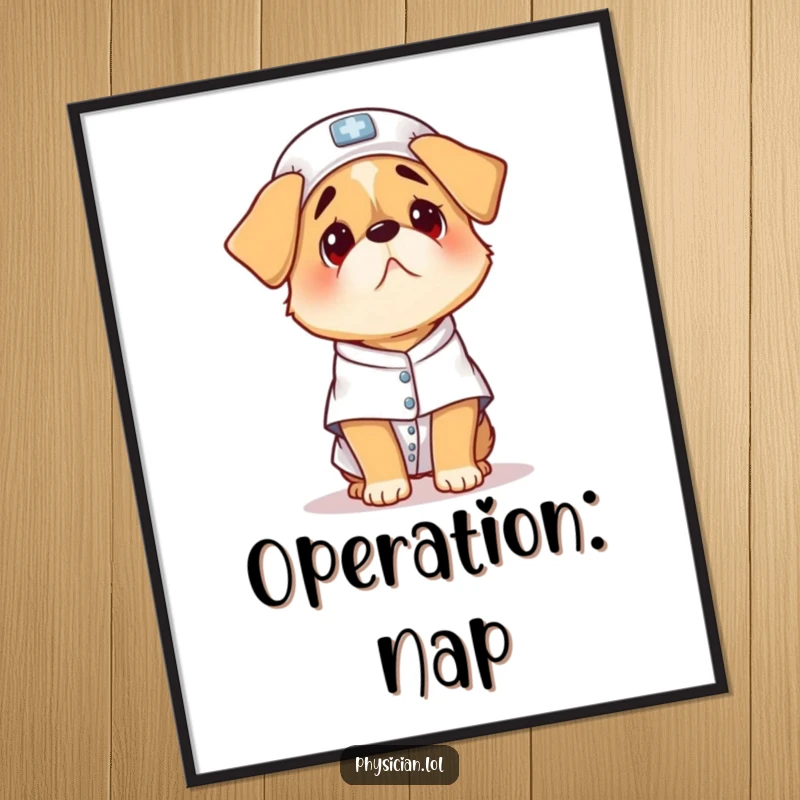 Funny confused dog poster print, a small dog wearing a patient gown, looking scared and lost, charming wall art.