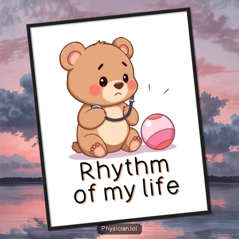 Funny poster art of a concerned bear cub wearing a stethoscope, examining a bouncy ball, perfect wall decor for humor enthusiasts.