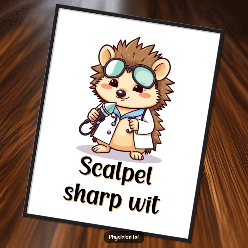 Funny hedgehog doctor poster art, featuring a sweet hedgehog dressed as a doctor, holding a tiny instrument, adding humor and charm to decor.
