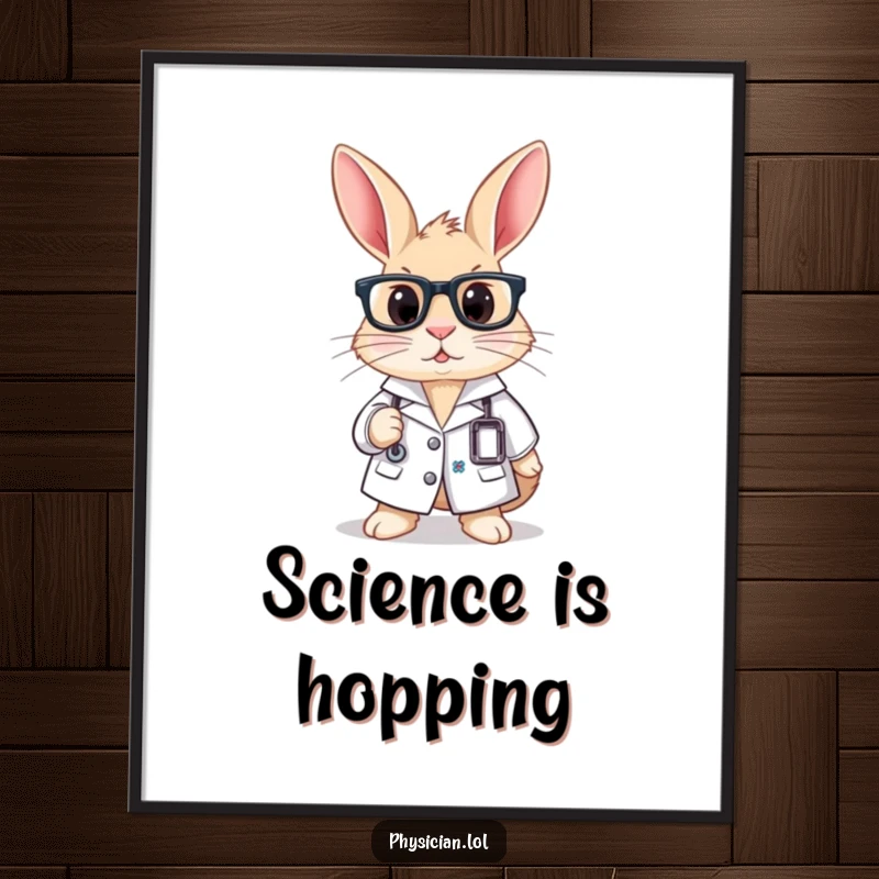 Funny poster featuring a curious rabbit wearing a lab coat and glasses, ideal for science-themed decor.