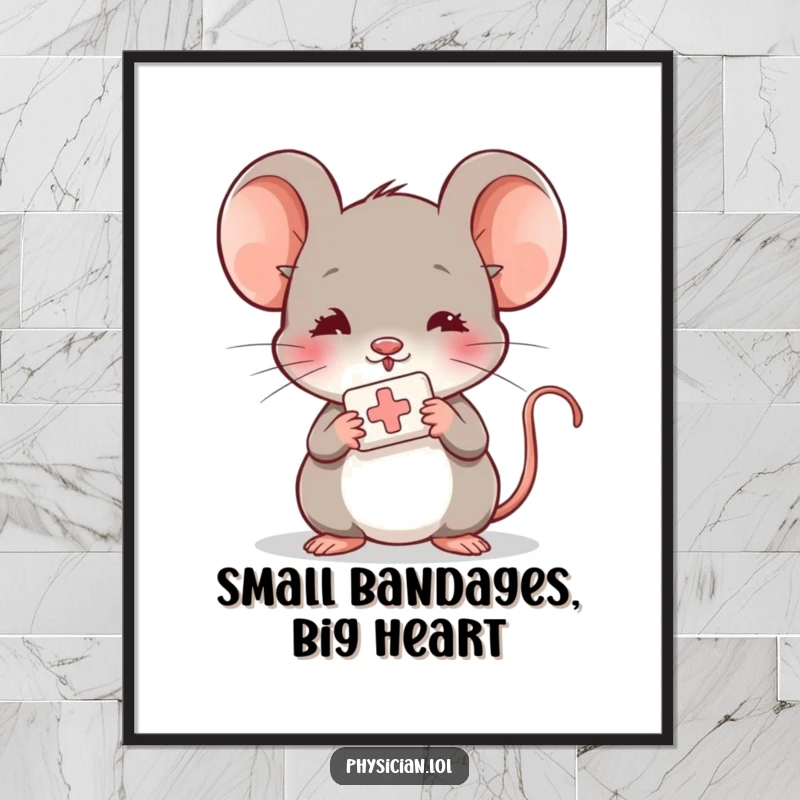 Funny shy mouse poster, offering a bandage with care, heartwarming illustration, gentle and kind wall art.