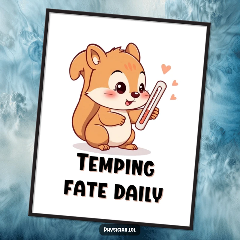 Funny squirrel poster, a playful squirrel using a thermometer to monitor its temp, adding a humorous touch to wall art.