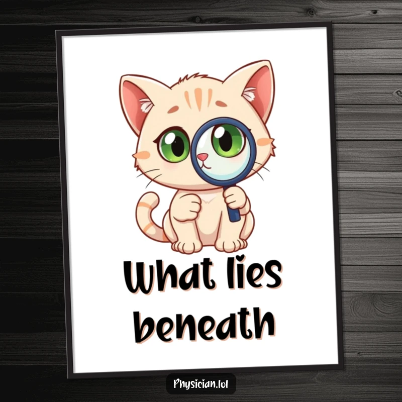 Funny Detective Cat Poster depicting a curious cat with wide eyes, holding a magnifying glass, bringing observational humor to walls.