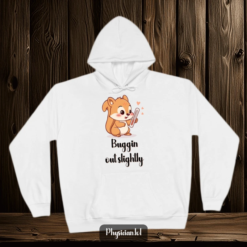 Funny squirrel hoodie, a cozy hooded sweatshirt featuring a squirrel checking its temperature with a thermometer, offering warmth and humor.