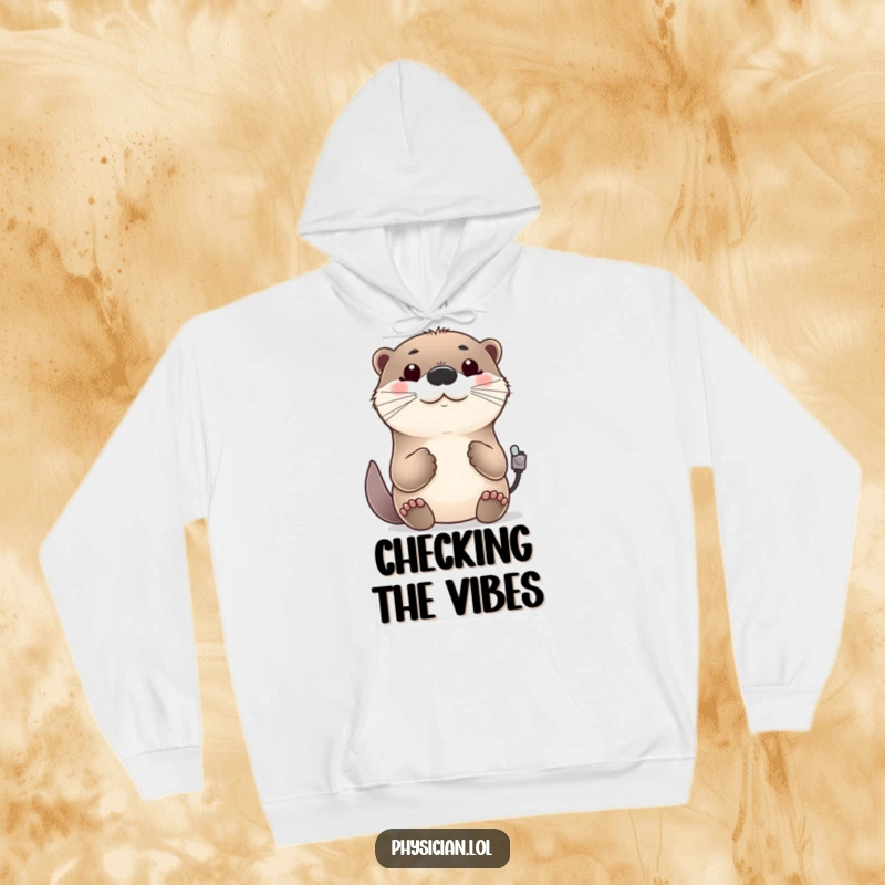 Funny cheerful otter hoodie, cozy, checking a pulse, friendly nod, warm and humorous apparel.