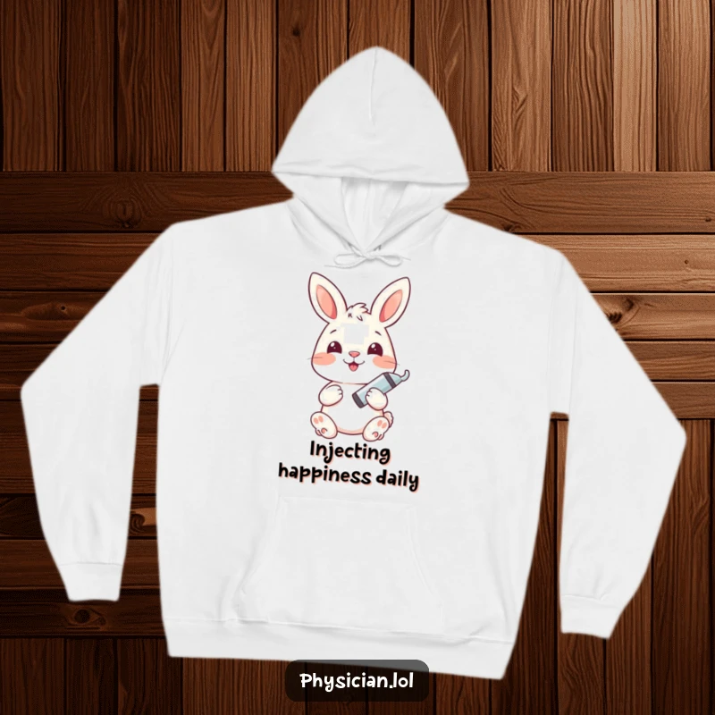 Funny bunny hoodie with a happy bunny holding a syringe, perfect for cozy, humorous appreciation of healthcare.