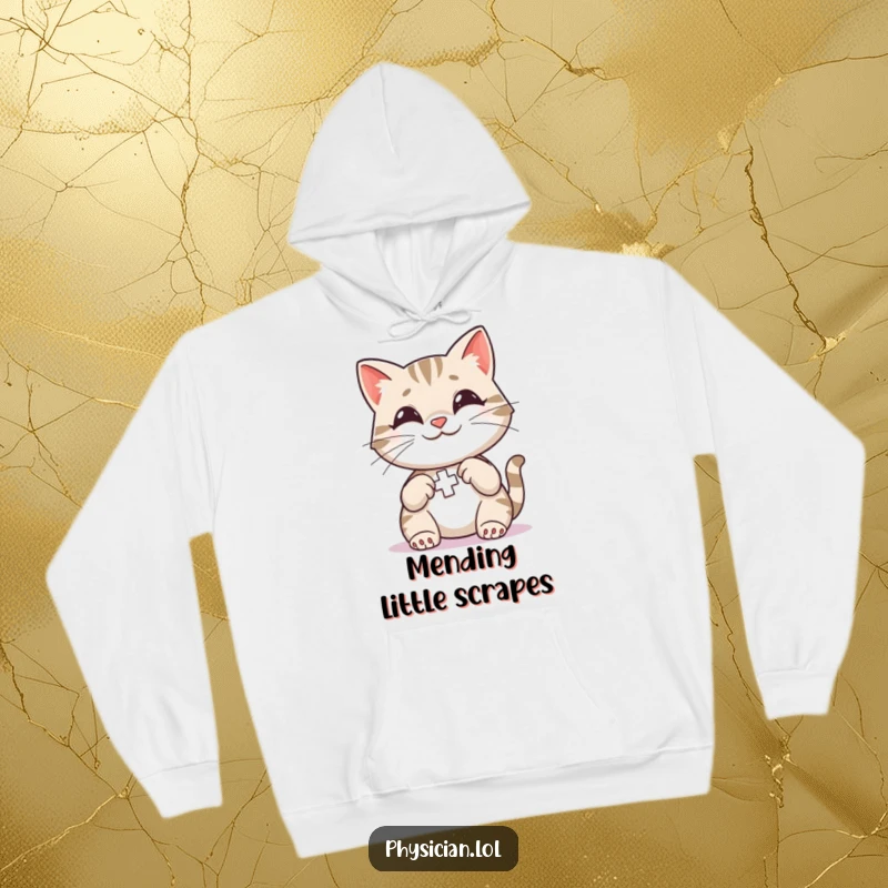 Funny Cat First Aid Hoodie with a smiling cat administering a colorful bandage, offering warmth and adorable humor.