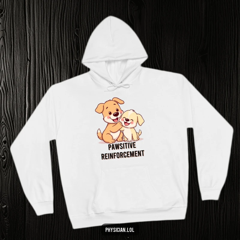 Funny playful dog gently patting a cute puppy, a warm and humorous hoodie celebrating doggy friendship.