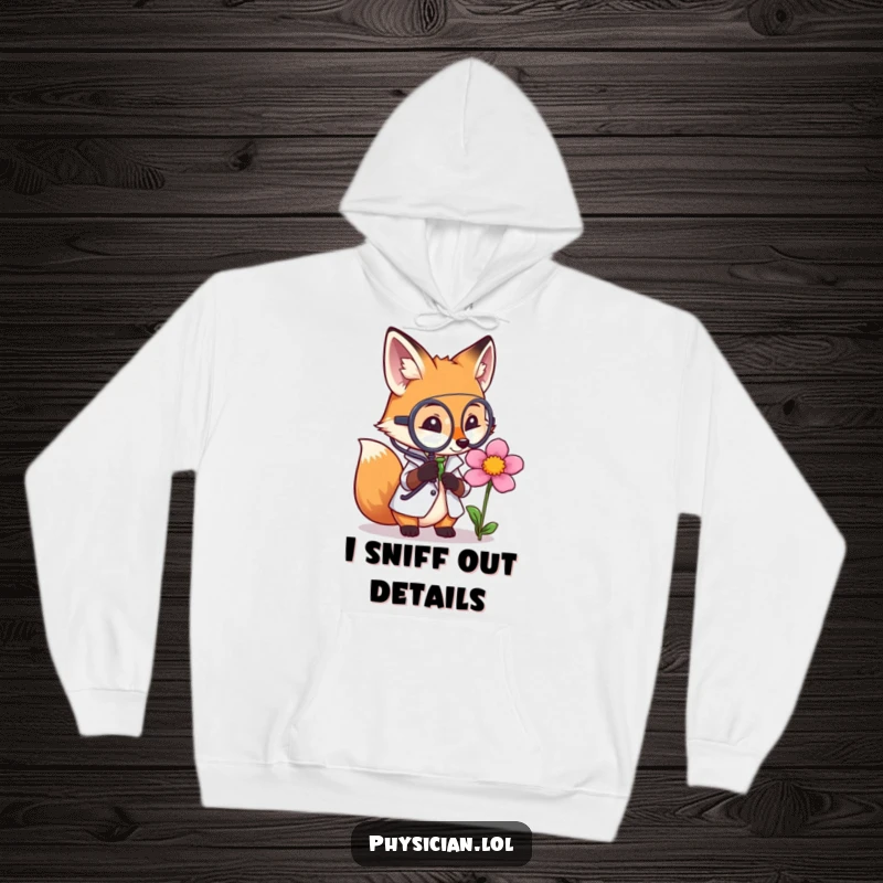Funny hoodie showing a fox doctor thoughtfully studying a flower with a magnifying glass, offering cozy warmth and intellectual humor.