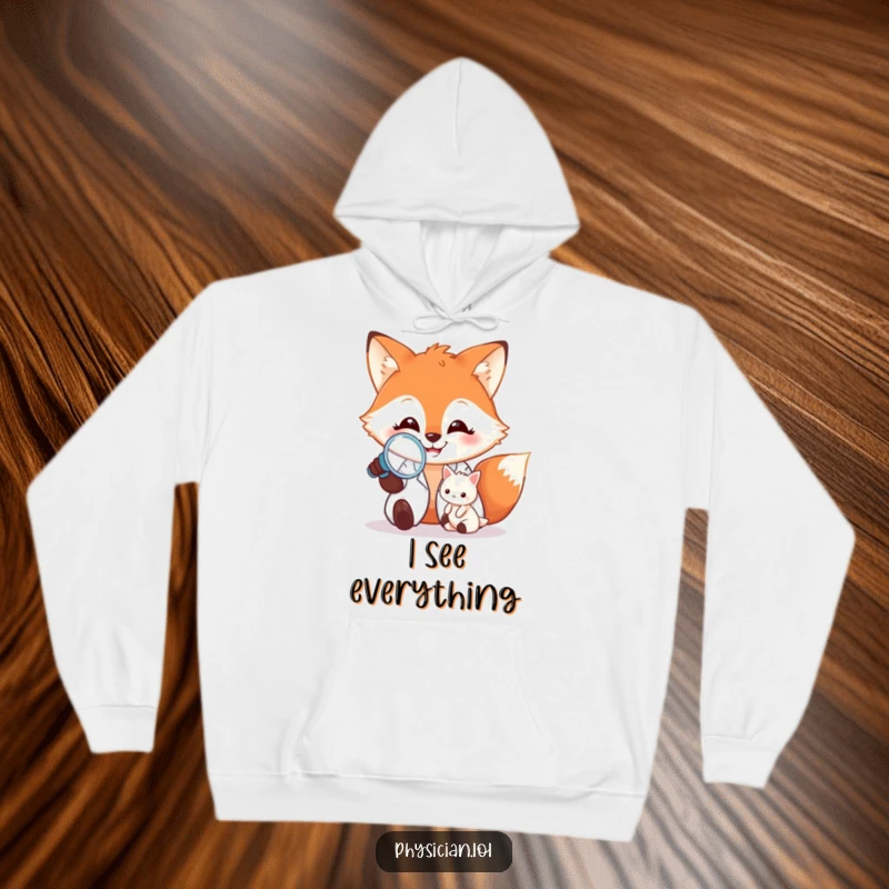 Funny Hoodie: A comfortable hoodie featuring a happy fox doctor with a magnifying glass inspecting a tiny patient, embodying playful curiosity.