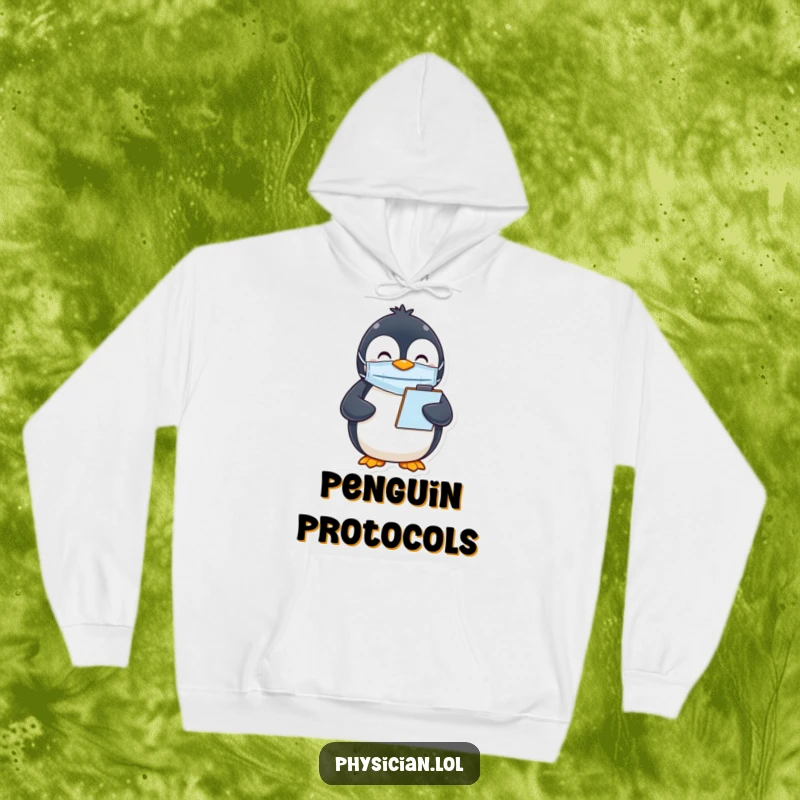 Funny Penguin Mask Hoodie with a happy penguin wearing a mask and holding a clipboard, offering cozy protection and witty charm.