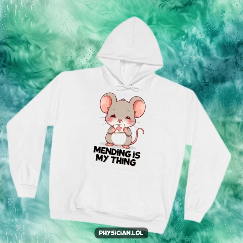 Funny shy mouse hoodie, cozy, offering a bandage, gentle and caring character, warm and humorous apparel.