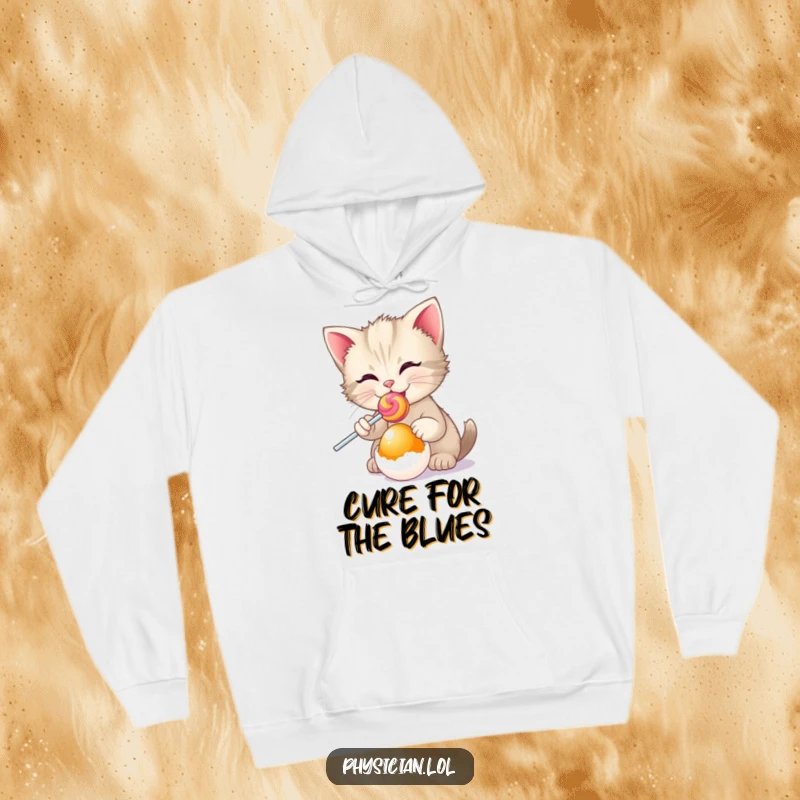 Funny kitten in a hoodie, offering a lollipop to an egg, cozy and sweet, humorous pet design.