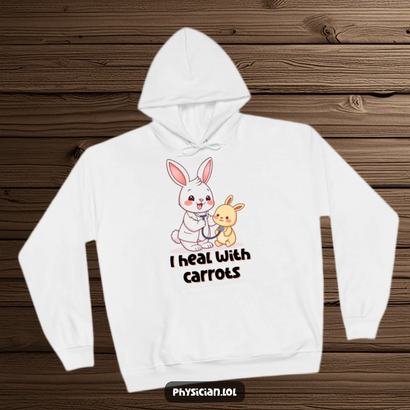 Funny bunny doctor wearing a stethoscope, looking professional yet adorable, a cozy hoodie for those who love animals and humor.