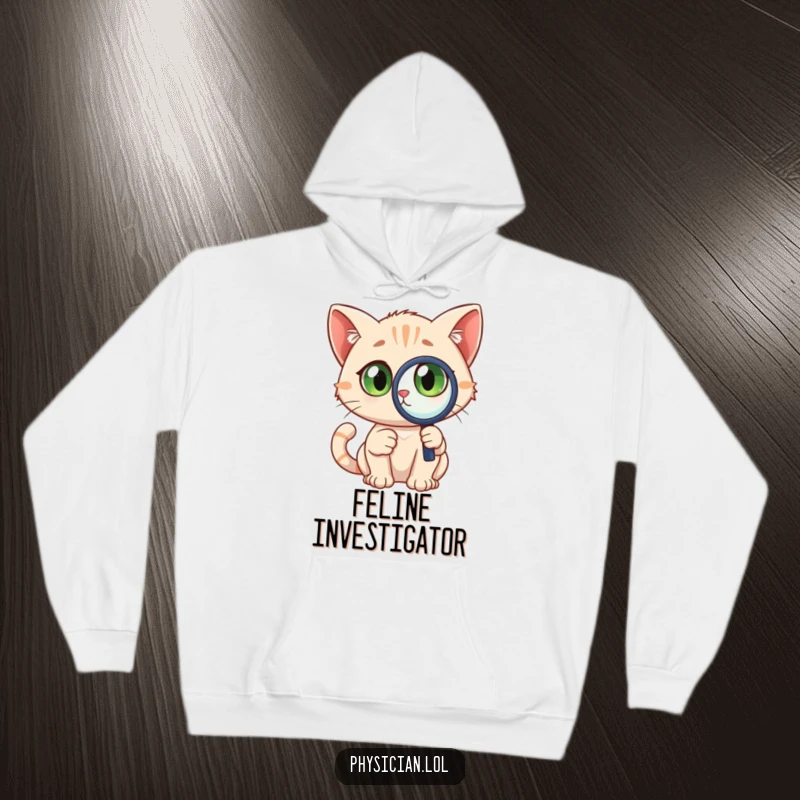 Funny Detective Cat Hoodie featuring a curious cat with wide eyes, holding a magnifying glass, offering warmth and investigative humor.