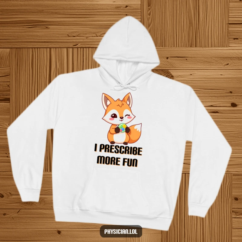 Funny fox hoodie, cheerful fox prescribing a colorful pill with a wink, cozy medical apparel, humorous animal design.