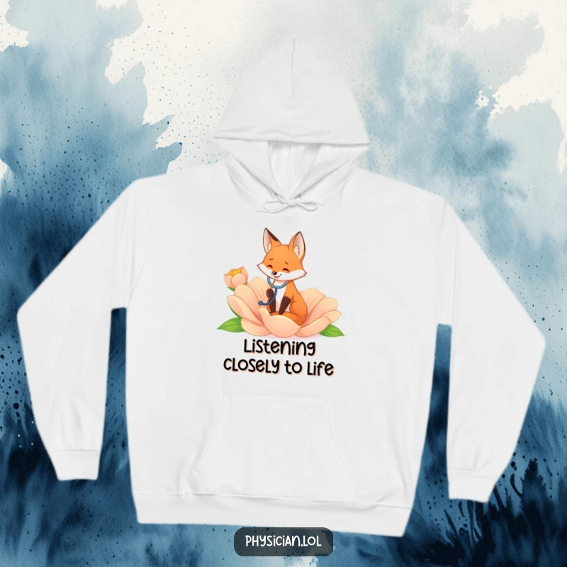 Funny fox in a hoodie, listening to a giant flower with a stethoscope, conveying a love for nature and humor.
