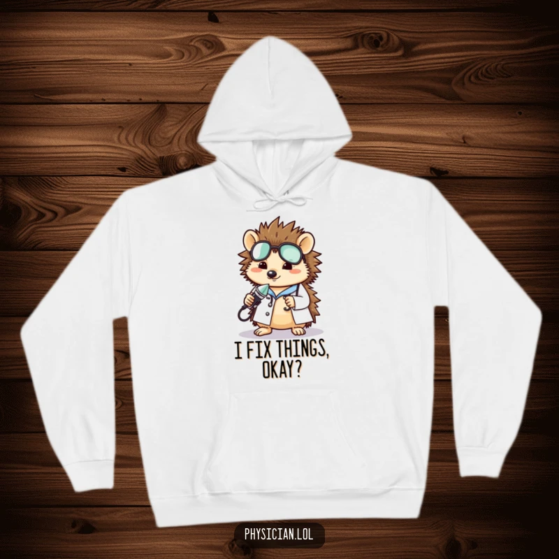 Funny hedgehog doctor hoodie, showing a sweet hedgehog with medical tools, perfect for cozying up with a humorous touch, ideal funny gift.