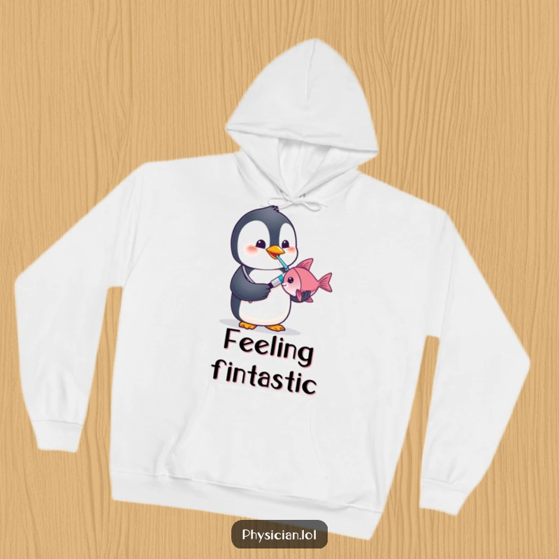 Funny penguin doctor hoodie showing a penguin doctor checking a fish's temperature, ideal for cozy support.