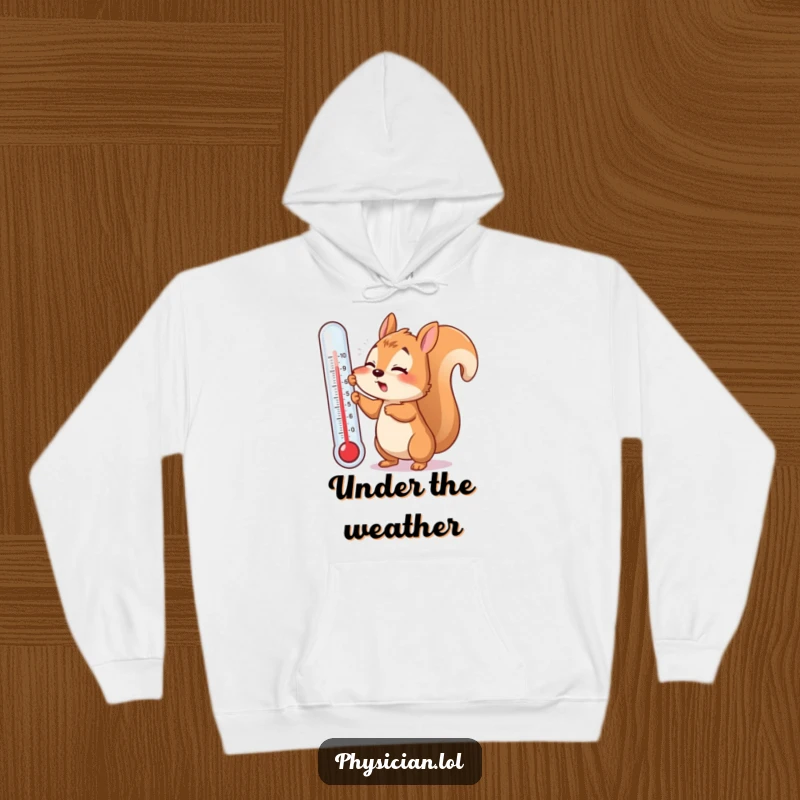 Funny hoodie featuring a flustered squirrel attempting to use a giant thermometer, providing cozy comfort and humorous sick day vibes.