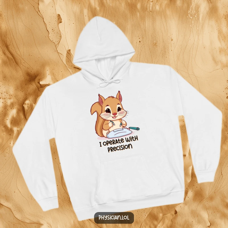 Funny squirrel surgeon hoodie, showing intense focus during a miniature operation, comfortable and humorous attire.