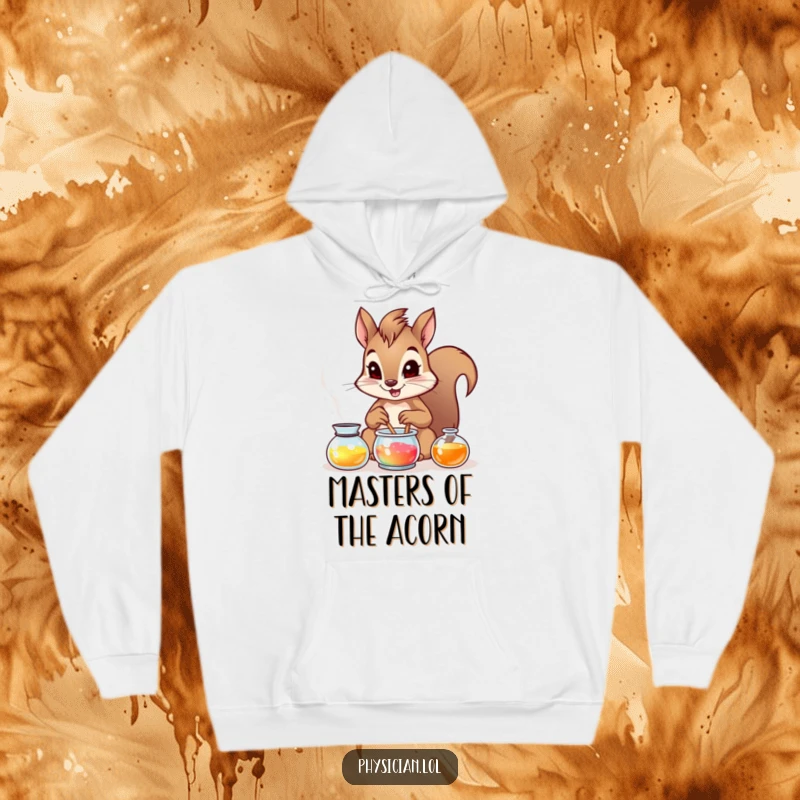 Funny brave squirrel in a cozy hoodie, carefully mixing a glowing, colorful potion, exuding adventurous spirit.