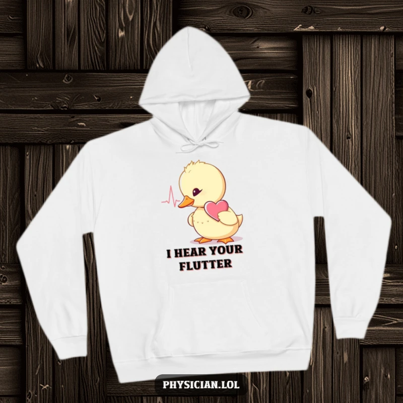 Funny wobbly duckling doctor hoodie, stethoscope in place, listening carefully to a heartbeat, cozy and cute attire.
