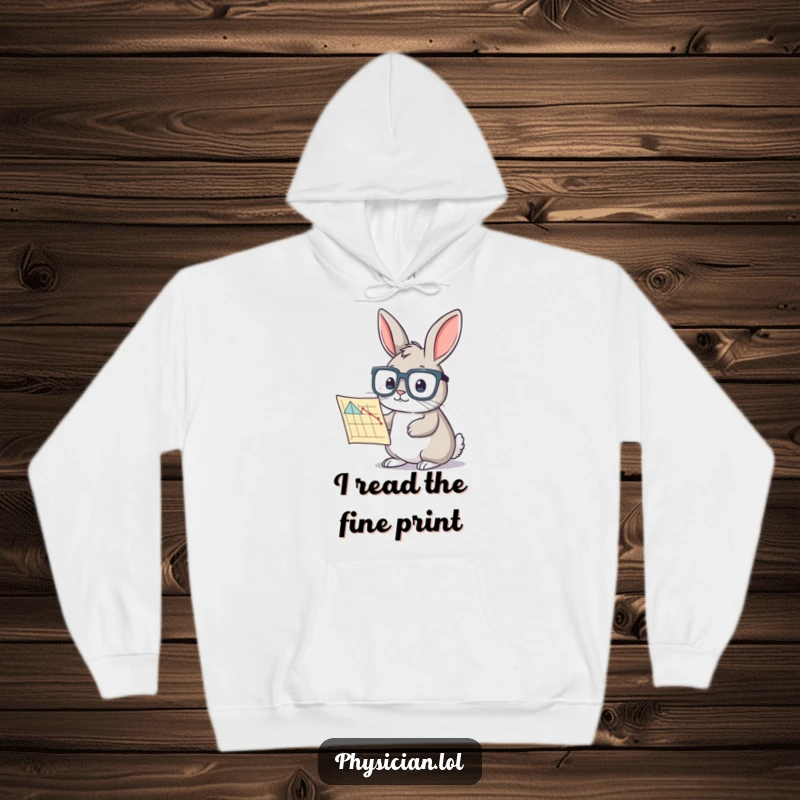 Funny rabbit hoodie design: a curious bunny in oversized glasses studying a chart, cozy and intellectually humorous.