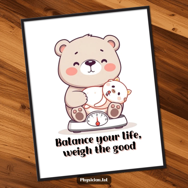 Funny Free Printable Bear Wall Art depicting a proud doctor bear weighing a patient on a scale, perfect art.