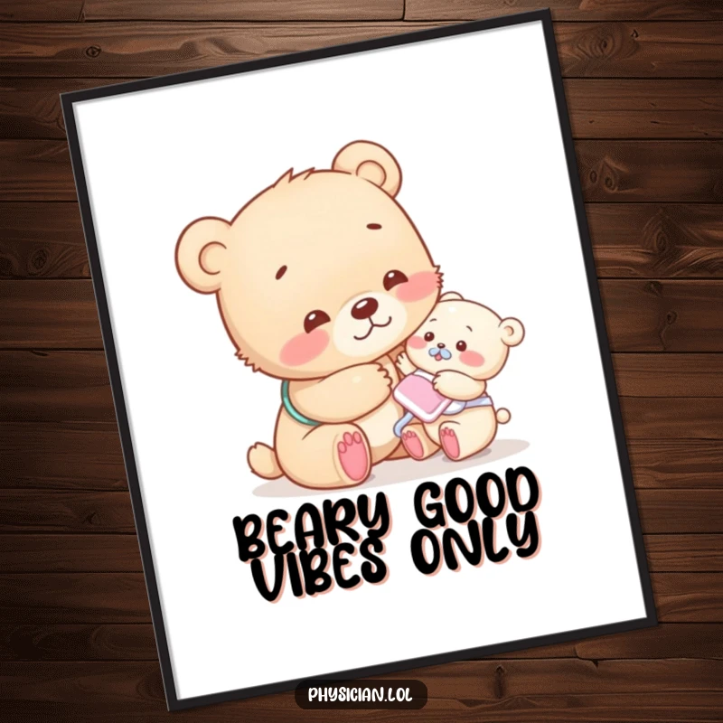 Funny Free Printable Wall Art featuring a compassionate bear cub giving a friendly pat to a tiny, grateful patient.