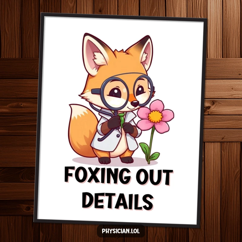 Funny free printable wall art: a fox in a doctor's coat thoughtfully examines a small flower with a large magnifying glass.