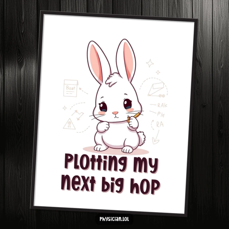 Funny Free Printable Wall Art: A determined rabbit drawing a complex diagram, creating a humorous, planner-themed art piece.