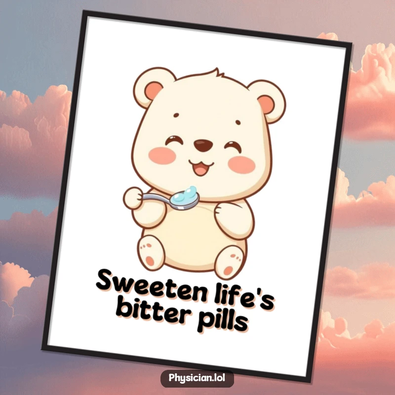 Funny Free Printable Bear Doctor Wall Art: Smiling bear offering medicine, a charming and humorous artwork for home.