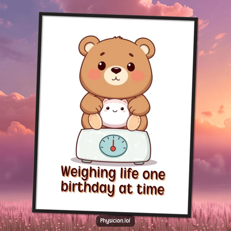 Funny Free Printable Wall Art: Bear doctor humorously weighing a patient on a scale, making light of medical checks.
